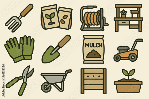 Gardening tools and supplies: gloves, trowel, wheelbarrow, seeds, mulch, plant pot icons