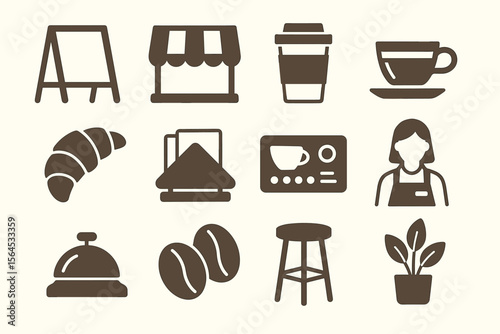 Coffee shop icons set with cafe elements and barista illustration