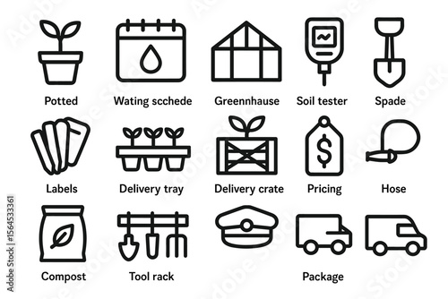 Gardening icons set with tools and equipment for plant care and delivery