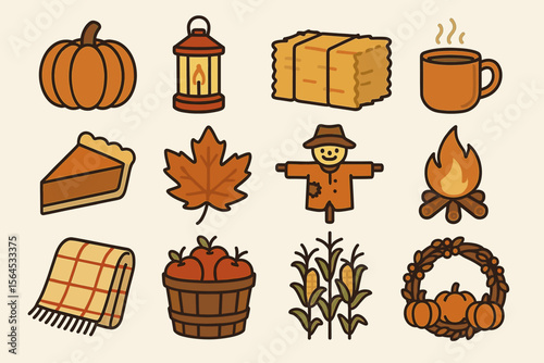 Autumn icons collection: pumpkin, lantern, hay, coffee, pie, leaf, scarecrow, campfire, blanket, apples, corn, wreath