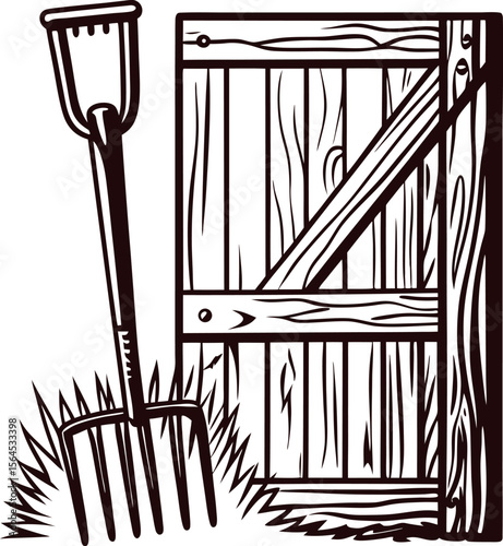 Rustic wooden garden gate with vintage pitchfork and shaded grass, hand drawn engraving illustration