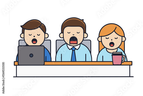 Three cartoon office workers yawning widely while sitting at their desks with a laptop and coffee cup