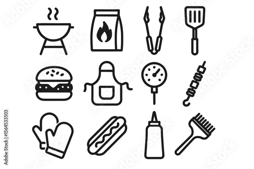 Bbq tools and food icons collection with grill, burger, hotdog, and utensils