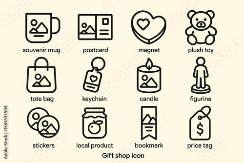 Gift shop icons collection: mug, postcard, magnet, plush, tote, keychain, candle, figurine
