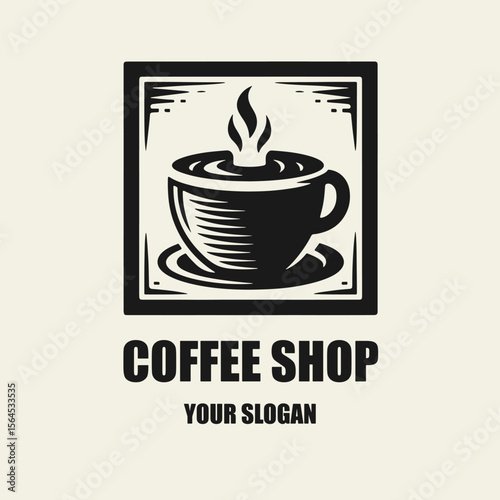 Black and white coffee shop logo. A coffee cup in retro woodcut or linocut style with clean silhouette and vintage aesthetic. Perfect for branding and packaging.