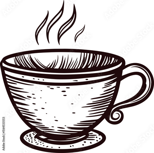 Vintage hand drawn steaming teacup illustration with detailed sketch lines on white background