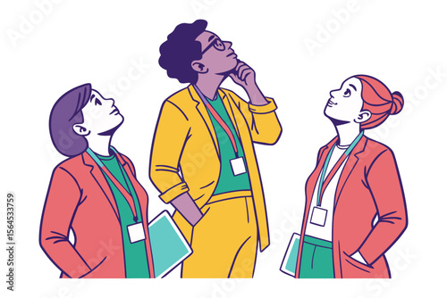Three diverse professionals looking upwards with thoughtful expressions contemplating future possibilities and strategic planning in a modern business setting