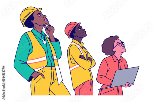 Diverse team members in construction attire thoughtfully looking upwards contemplating future projects and innovation