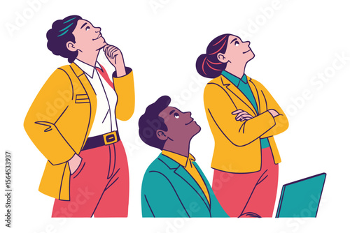 Diverse team members thoughtfully looking upwards contemplating ideas and future possibilities in a bright modern office setting