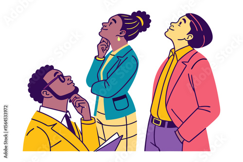 Diverse group of professionals thoughtfully looking upwards contemplating ideas and future possibilities together in a collaborative setting