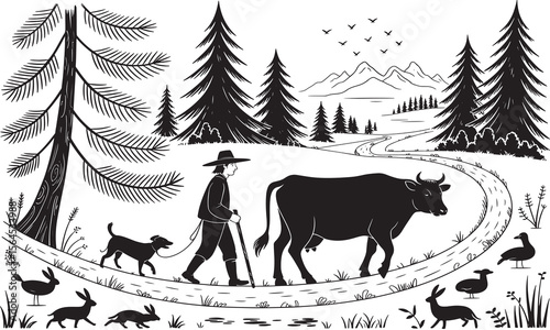 Farmer Walking with Cow and Dog in Countryside Landscape, Rural Life Concept