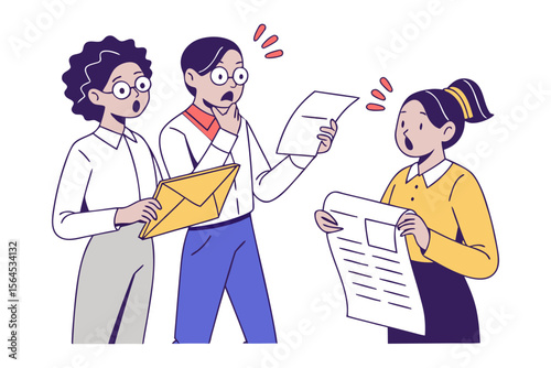 Three diverse colleagues express shock and surprise while reviewing important documents and a newspaper together