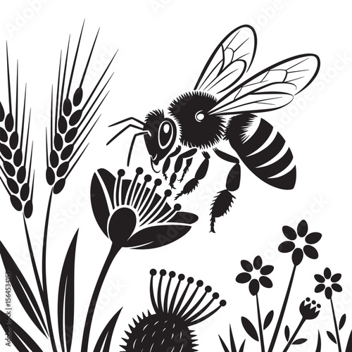 Bee Pollinating Flowers in Nature Silhouette, Garden and Agriculture Concept