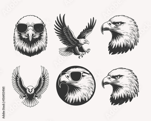Set of Black and White Eagle Illustrations with Sunglasses and Various Poses for Patriotic, Wild, and Cool Themes