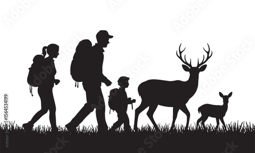 Family Hiking with Deer in Nature Silhouette, Outdoor Adventure Concept