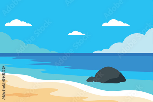 Serene Beach Scene Calm Ocean, Sandy Shore, and Blue Sky Illustration