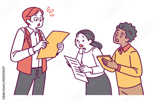Three diverse individuals express shock and concern while reviewing documents together in a collaborative meeting or discussion