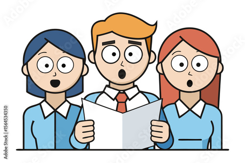 Three diverse cartoon characters in blue shirts and white collars sing together while holding a sheet of music