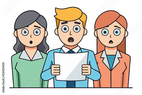 Three diverse colleagues express shock and surprise while reading important document together in a professional setting