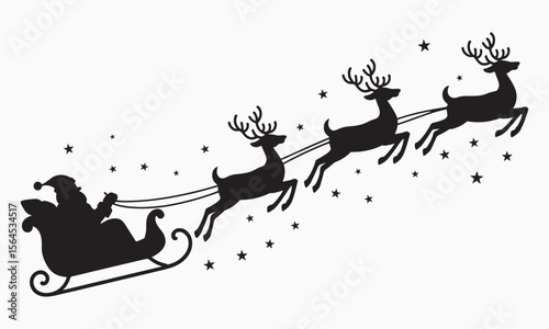 Santa Claus in Sleigh with Reindeer Flying through the Sky, Christmas Night Scene