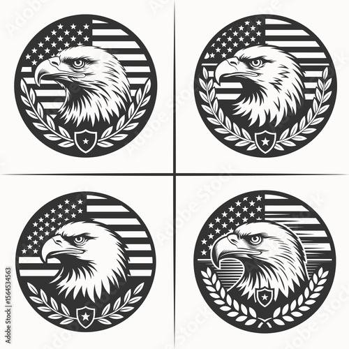 Set of Black and White Eagle Head Emblems with American Flag and Laurel for Patriotic, Military, and National Themes