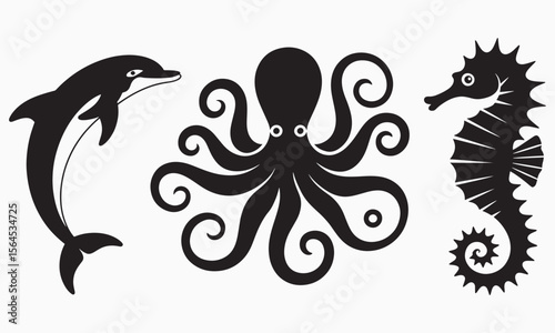 Marine Life Silhouettes of Dolphin, Octopus, and Seahorse, Ocean Creatures Design