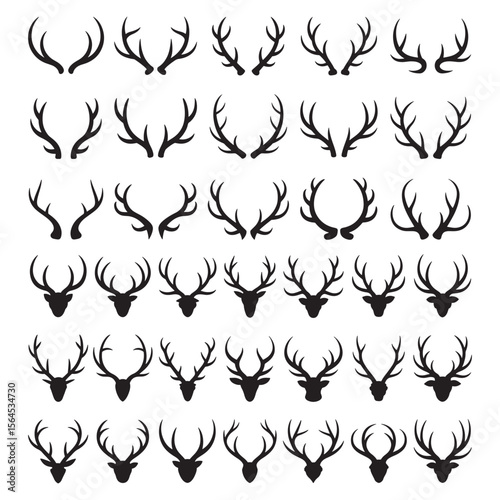 Collection of Deer Antlers Silhouettes in Various Shapes and Designs, Nature Concept

