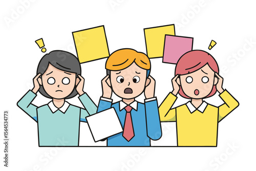 Three diverse individuals expressing shock and confusion with hands on heads surrounded by colorful sticky notes and exclamation marks