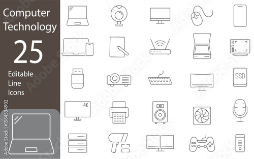 Computer Technology Editable Line Icons Set. monitors, smart phone, tablets, laptops, electronic devices, and more. Vector illustration