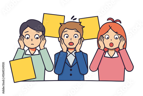 Three cartoon people with shocked expressions and hands on their faces holding yellow sticky notes against a white background