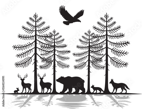 Wildlife Animals with Bear, Deer, Fox, and Eagle Silhouette in Forest with Reflection, Nature Concept