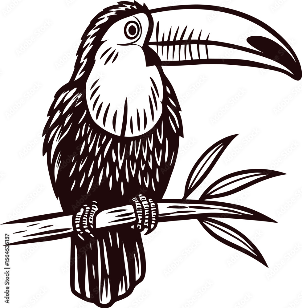 Fototapeta premium Hand drawn toucan perched on branch vintage engraved tropical bird illustration with bold black lines