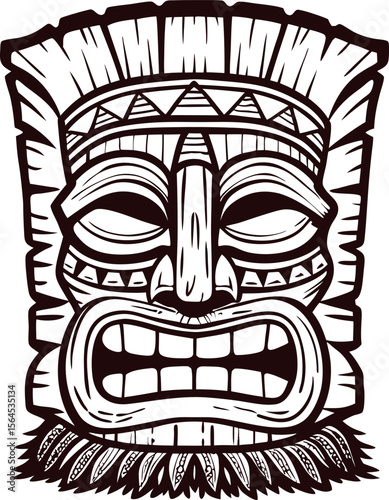 Hand drawn tribal tiki mask illustration with carved wood details and bold expressive facial features
