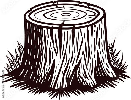 Engraved tree stump illustration with textured bark and grass isolated on white background