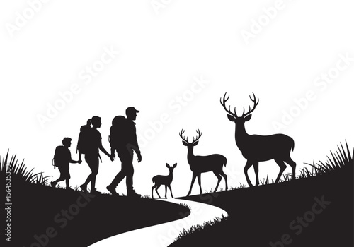 Hikers Walking with Deer in Wilderness Silhouette, Nature Exploration Concept