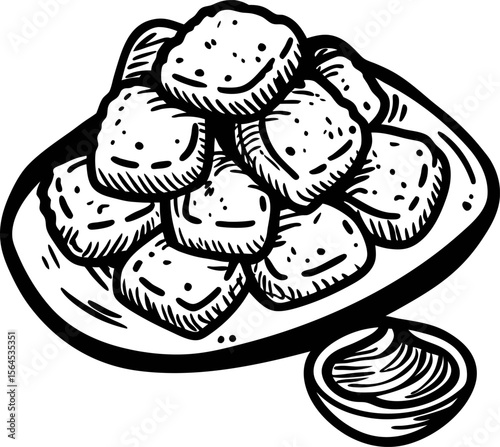 Hand drawn sketch of crispy tofu cubes stacked on plate with dipping sauce, black and white engraving illustration