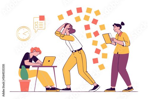 Stressed team members facing overwhelming tasks and deadlines with a clock and scattered notes symbolizing pressure and chaos