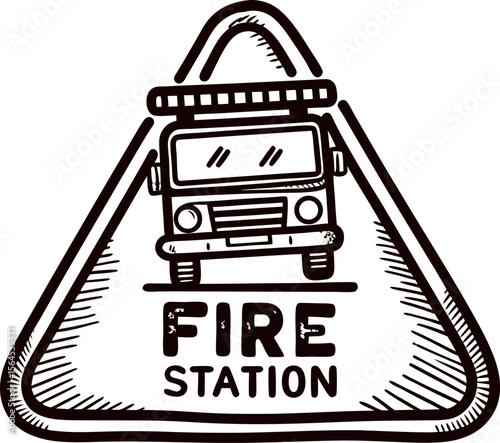 Hand drawn fire truck inside triangular sign with fire station text vintage sketch emergency vehicle illustration