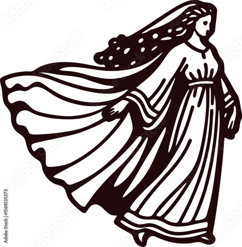 Elegant flowing robed woman with long hair in vintage hand drawn illustration