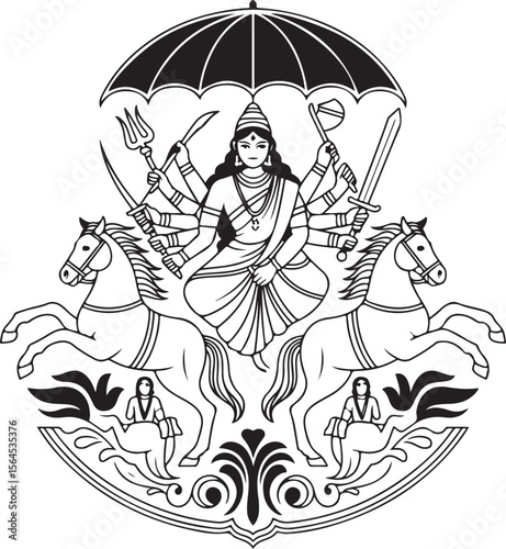 Maa Durga face with crown and third eye (silhouette or line art)

Durga with 10 arms holding weapons

Durga riding lion

Puja thali (worship plate)

Trishul (trident) with OM symbol