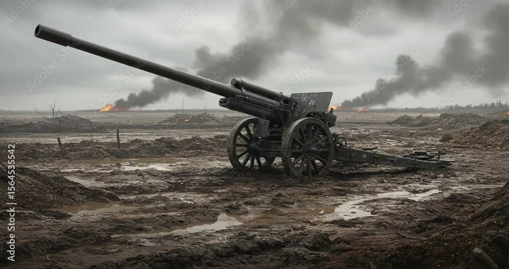 Historical artillery positioned in a war-torn landscape