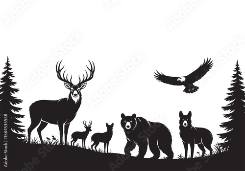 Wildlife Animals in Forest Silhouette with Deer, Bear, Eagle, and Trees, Nature Concept