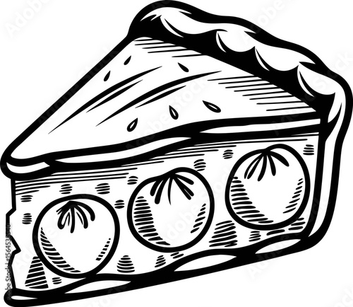 Vintage engraved illustration of a slice of cherry pie with flaky crust and whole cherries inside