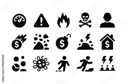 Danger warning fire skull caution coin falling rocks bomb lightning house virus running people