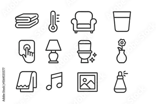 Household icon set featuring furniture, decor, and utility symbols