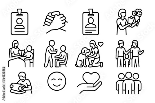 Line art icons of people in various daily activities and interactions