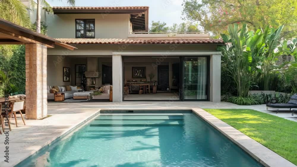 custom made wallpaper toronto digitalA swimming pool in backyard of house with dining table and chairs on patio and lounge chairs on lawn a