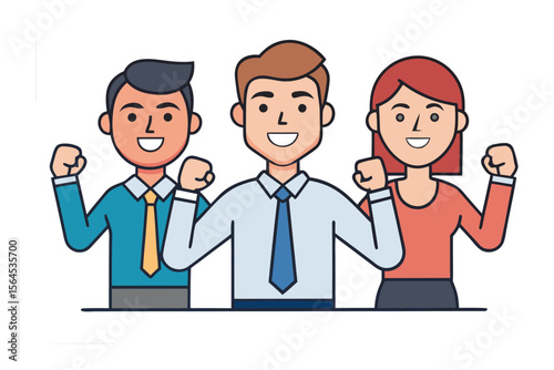 Three diverse business professionals celebrating success together with raised fists in a show of unity and achievement