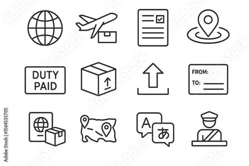 International shipping icons with delivery, customs, and location symbols