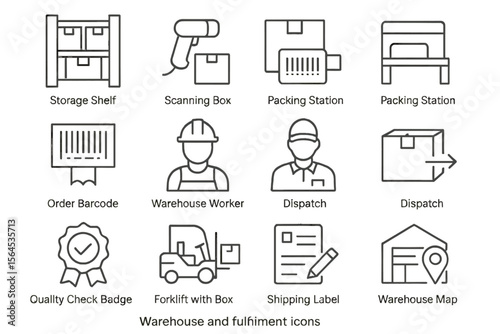 Warehouse and fulfillment icons - storage, packing, shipping, worker, barcode